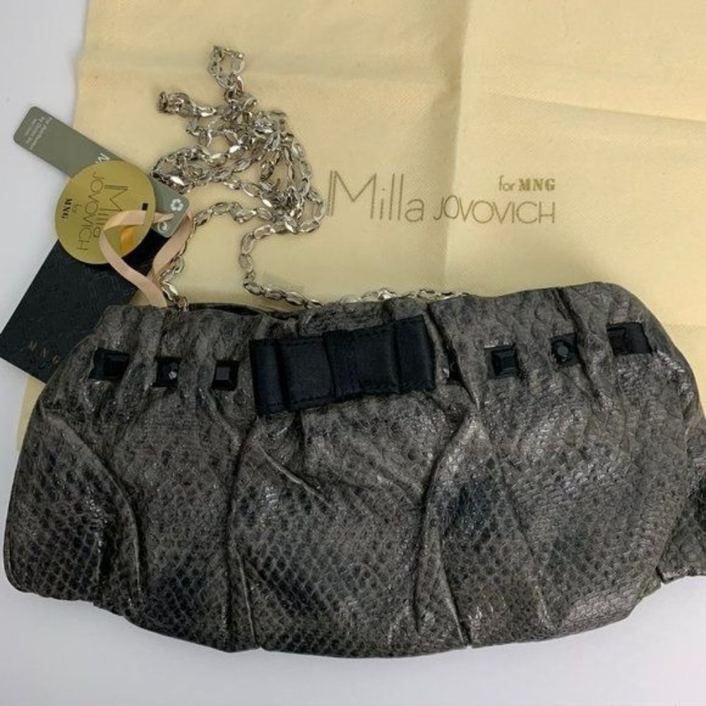 Milla Jovovich Faux Snake Clutch Handbag Chain Zip Pocket Kiss Lock Dust Bag NEW